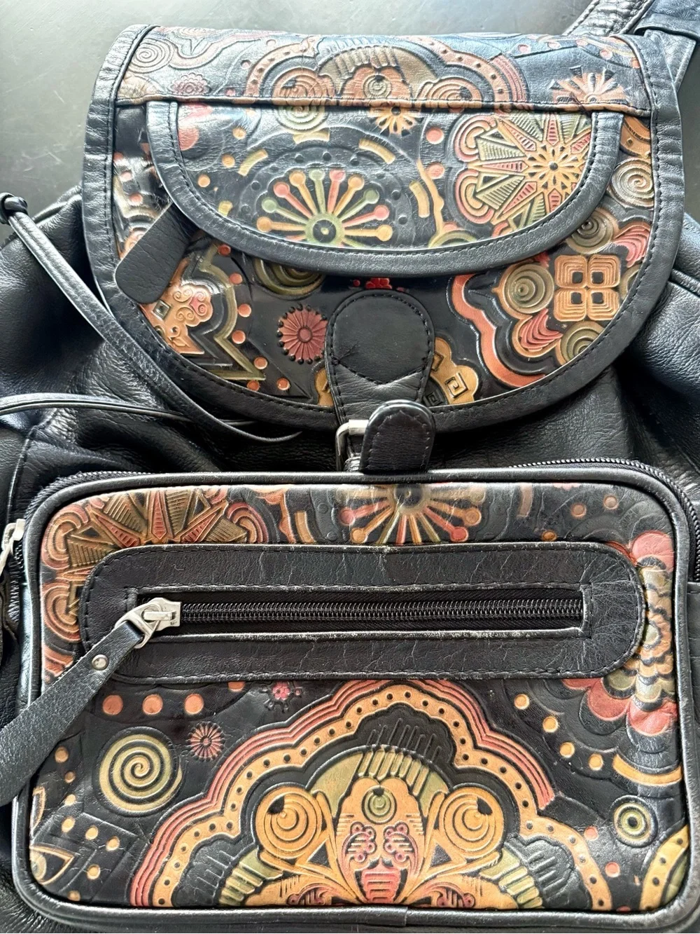 Hand made Black Leather Floral-Print Backpack Purse
